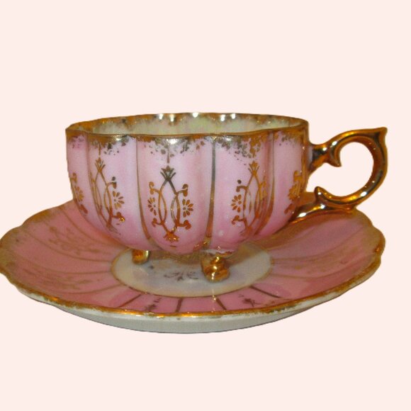 Hand painted pink & gold gilded three legged with iridescent white Shafford Japa - Picture 8 of 10